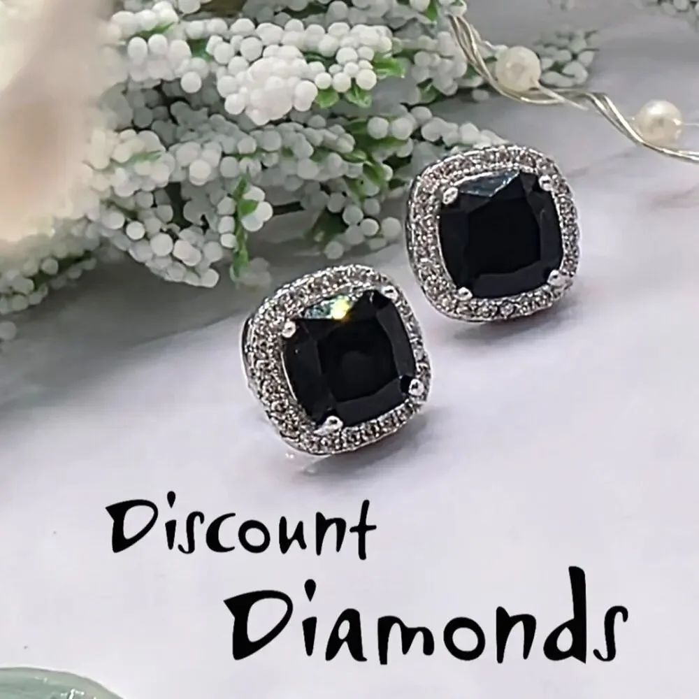 Black Princess Cut Sapphire & White Baguette Diamond Earrings  on 925 Silver